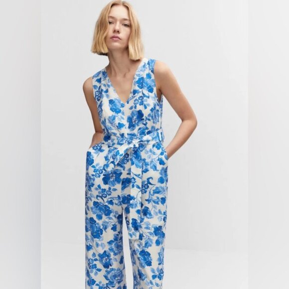 Mango Floral-Print Jumpsuit With Tie Blue and White Print Size Extra Small - Picture 3 of 14
